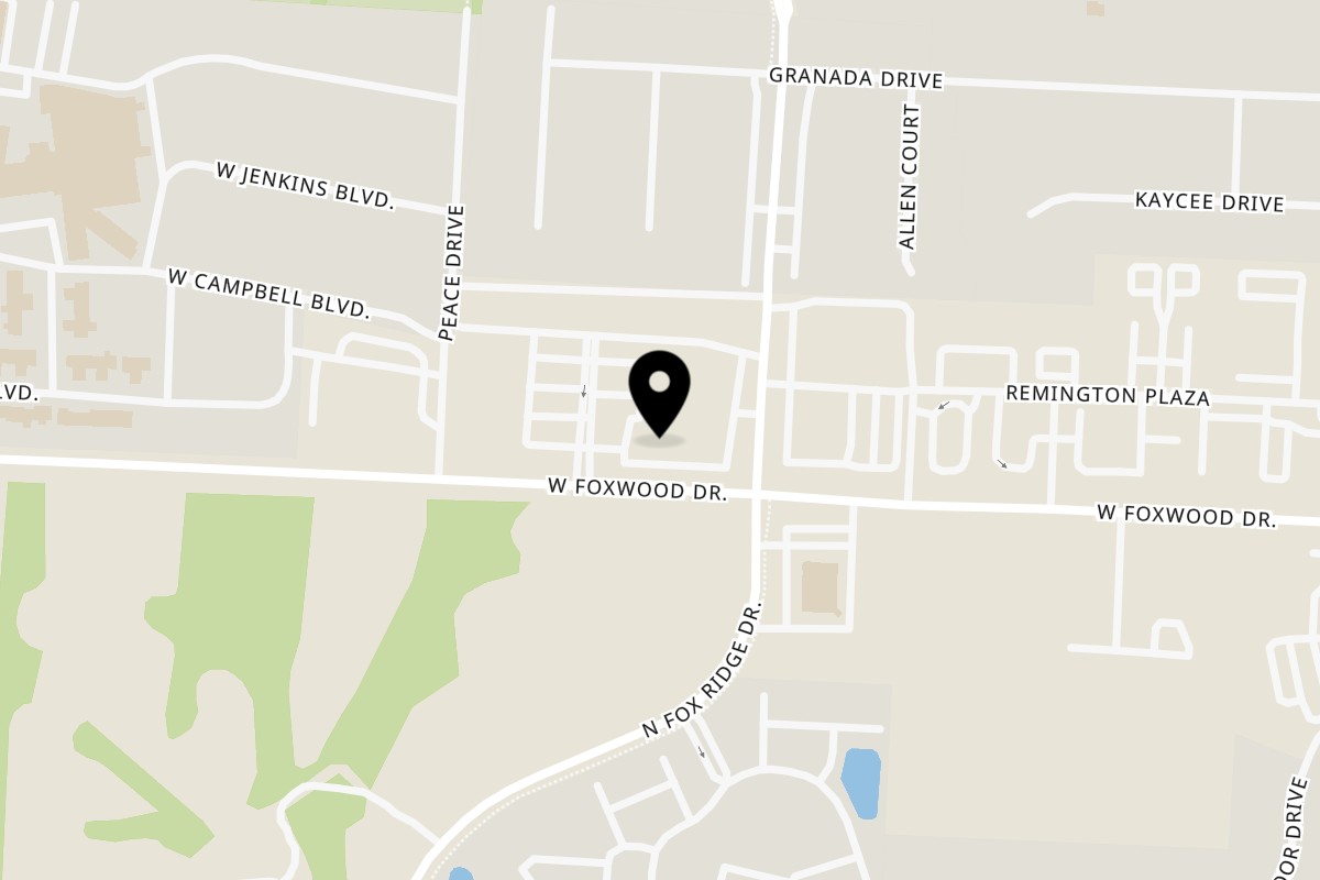 Map showing the location of Lutfi’s Raymore Raymore on 1242 W Foxwood Dr in Raymore