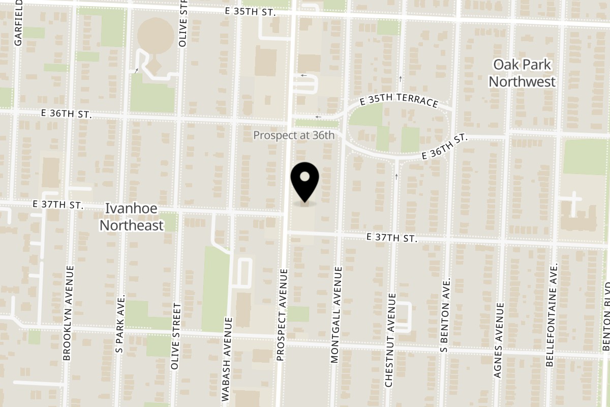 Map showing the location of Lutfi’s Raymore Kansas City, MO on 3631 Prospect Ave in Kansas City